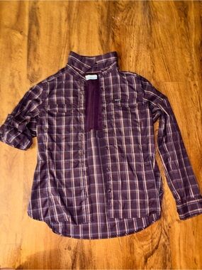 Columbia Women’s Omni-Shade Plaid Long-Sleeve, Button-up Shirt in Deep Plum